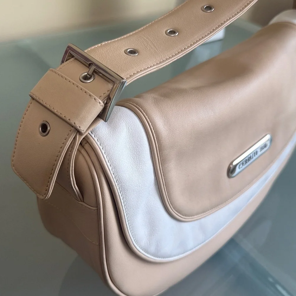 Cerruti 1881 Italian Designed Tan and White Leather Crescent Bag
